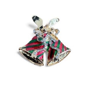 Women Christmas Holiday Brooch Red White Rhinestones Bells Festive Sweater Pin